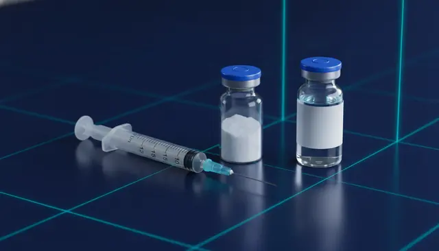 Jeringa U-100 junto a un vial de péptido y agua bacteriostática