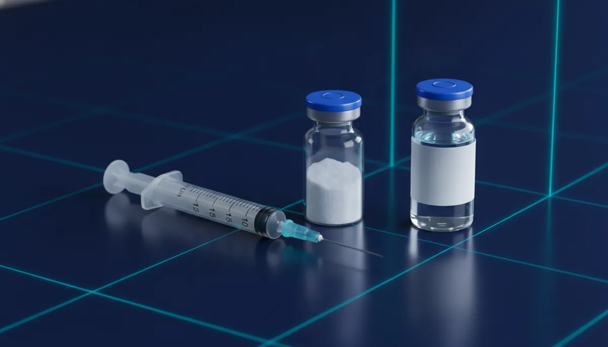 Vial de péptido, frasco de agua bacteriostática y jeringa de insulina U-100 junto a la pantalla de la calculadora de protocolos de Bio·Peptides