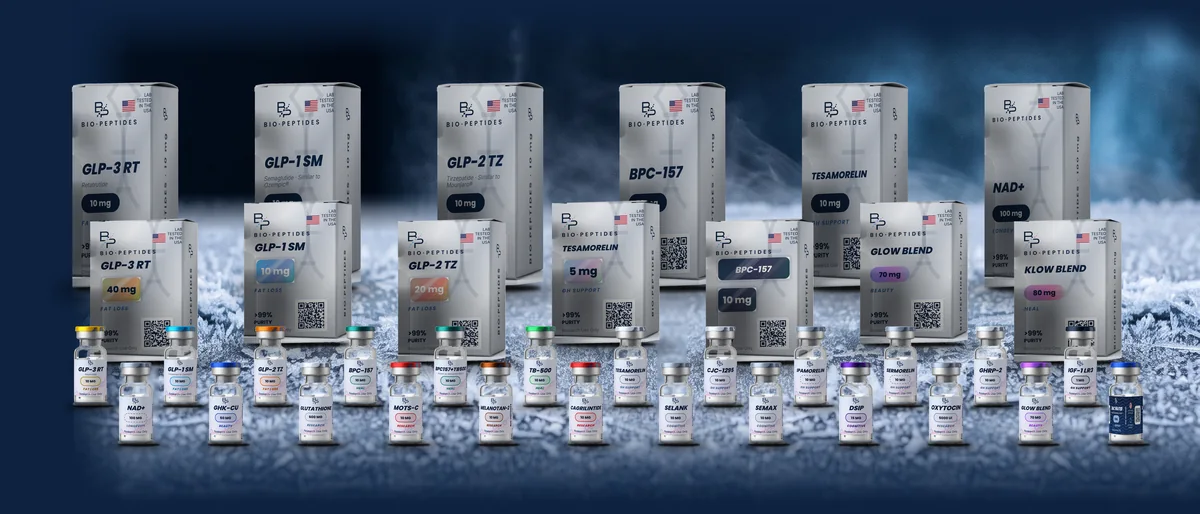 La línea completa de Bio·Peptides: cajas, viales y los nuevos estuches con sticker de dosis