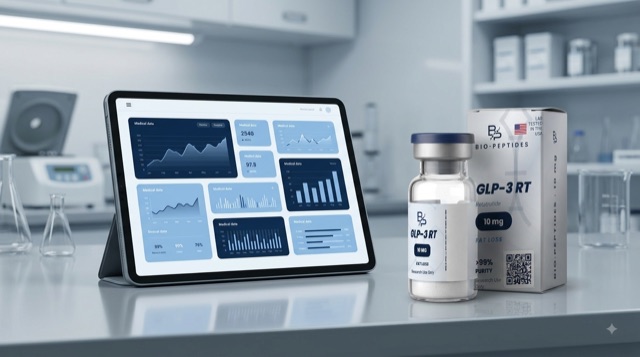 Panel médico Bio·Peptides en tableta, junto a un vial GLP-3 RT con su caja