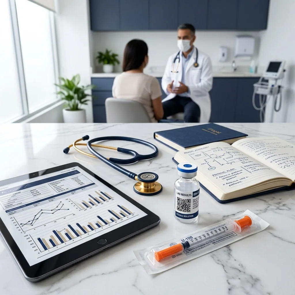 Consulta médica para un protocolo con péptidos: médico, paciente, exámenes y vial con certificado de análisis