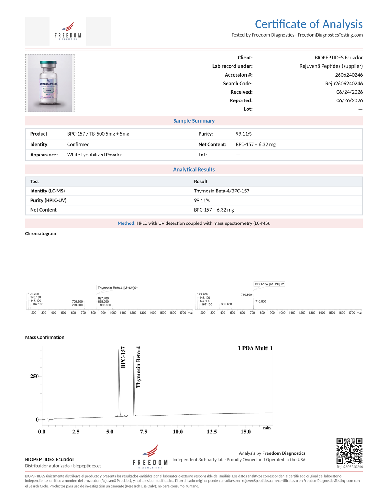 Certificado de Análisis BPC-157 + TB-500 5+5 mg lote Reju2606240246